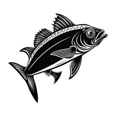 dolphin (mahi-mahi fish) fish design, labeled linocut vector silhouette illustration.