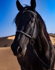 Fototapeta premium Black horse with a bridle on its head. The horse is standing in a sandy area. Arabian horse breed