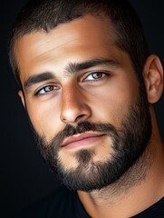Obraz premium Portrait of a young Lebanese man with a beard with a thoughtful expression, soft studio lighting on a dark background