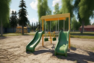 Simple playground scene featuring swing and slide in green grass, red swing, and yellow slide