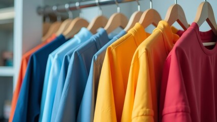 many colorful shirts and t-shirts hang on hangers in a store or wardrobe