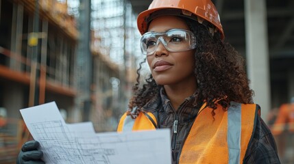 A female engineer leading a team discussion on a construction site with blueprints in hand Her confident posture and technical knowledge command respect A representation of women breaking barriers 