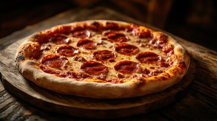 Delicious Pepperoni Pizza on Rustic Wooden Board