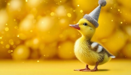 Cute young duckling wearing a shiny party hat standing on a yellow bokeh background for festive and festive themes.