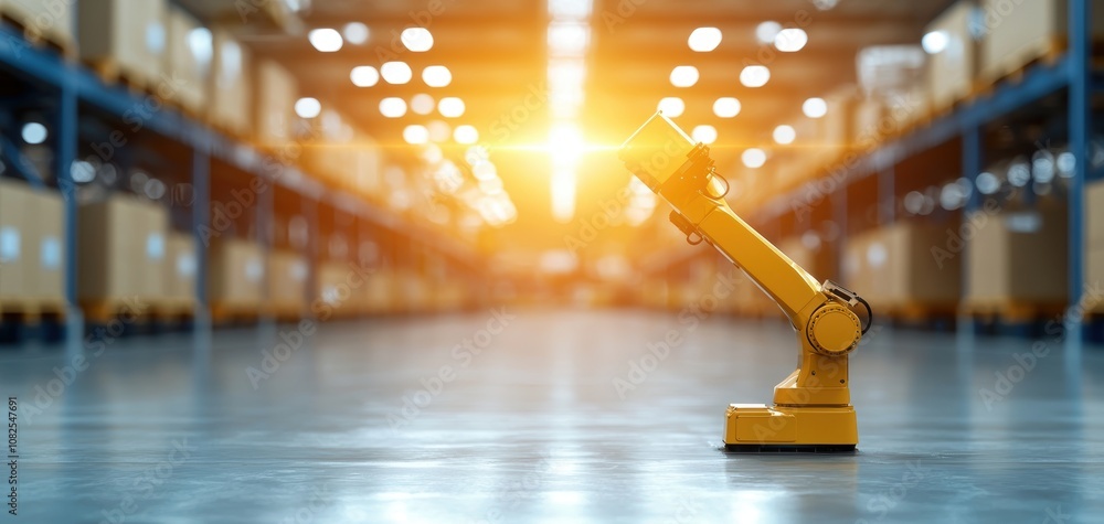 Aufkleber supply chain security risks concept. a robotic arm stands in a spacious warehouse, illuminated by wa