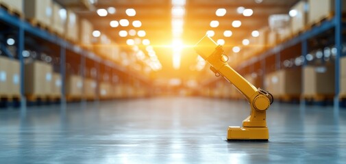 Supply chain security risks concept. A robotic arm stands in a spacious warehouse, illuminated by warm sunlight, showcasing advanced automation in a modern industrial setting.