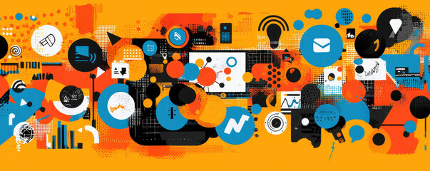 Dynamic visualization of marketing concepts featuring colorful graphics, icons, and patterns on orange background. This vibrant design captures essence of modern marketing strategies