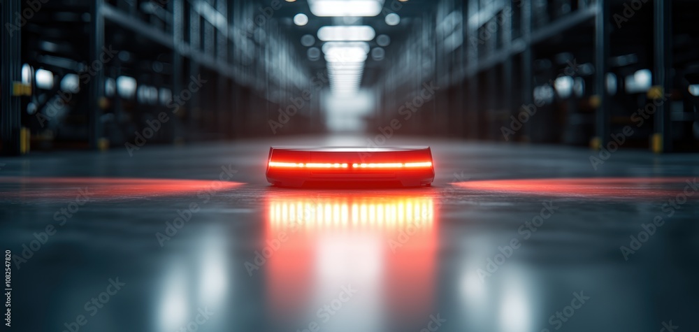 Poster Supply chain security risks concept. A glowing red sensor on a sleek floor, surrounded by racks in a warehouse, suggesting a high-tech environment and potential for automation.