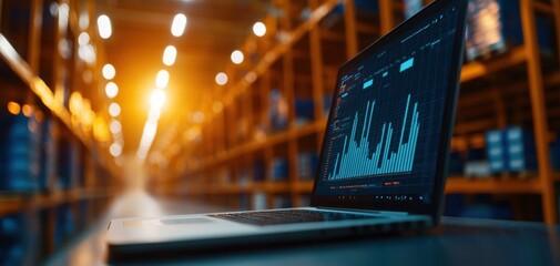Supply chain security risks concept. A laptop displaying data analytics sits on a table in a warehouse, surrounded by shelves filled with goods, illuminated by warm, ambient lighting.