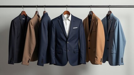a wardrobe with solid, expensive men's suits hanging on hangers