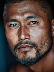 Obraz premium Portrait of a young Mongolian man with a beard with a thoughtful expression, soft studio lighting on a dark background