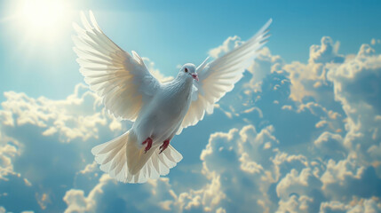 Fototapeta premium White dove bird symbolizing Holy Spirit flying near wooden cross in the heaven sky clouds with sunlight. Jesus Christ, God worship in faith, spiritual peace, Church baptism service, salvation.