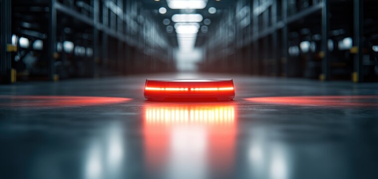 Supply chain security risks concept. A glowing red sensor on a sleek floor, surrounded by racks in a warehouse, suggesting a high-tech environment and potential for automation.