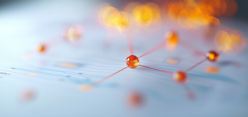Supply chain security risks concept. A close-up image showcasing a network of glowing orange dots connected by lines, symbolizing data, connectivity, and technological relationships.
