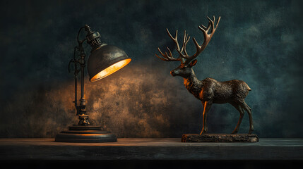 Artistic Still Life Composition of a Desktop Lamp with Elk Accessory Showcasing Unique Design and Realistic Textures