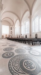 Obraz premium A spacious church interior featuring intricate floor mosaics and large windows.