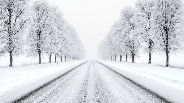 Freezing rain ice roads, A tranquil, snow-covered road flanked by trees, creating a serene winter landscape that invites exploration and reflection.
