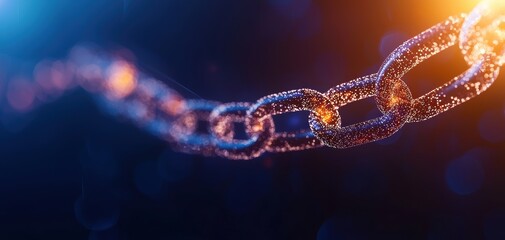 Supply chain security risks concept. A stunning abstract representation of a glowing chain, showcasing interconnected links illuminated by vibrant colors against a dark background.
