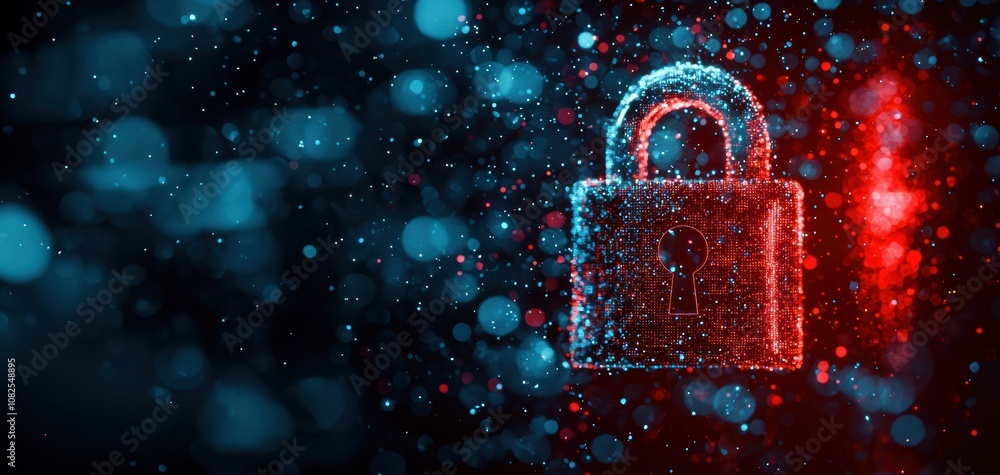 Poster supply chain security risks concept. a glowing padlock symbol surrounded by colorful digital particl