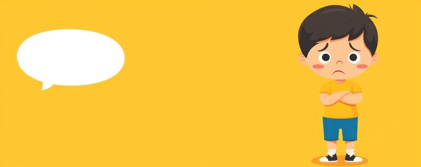 A sad cartoon boy stands with crossed arms against a yellow background, with a speech bubble.