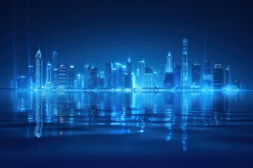 Fototapeta premium A futuristic city skyline reflected on water, illuminated in shades of blue, creating a serene and high-tech atmosphere.