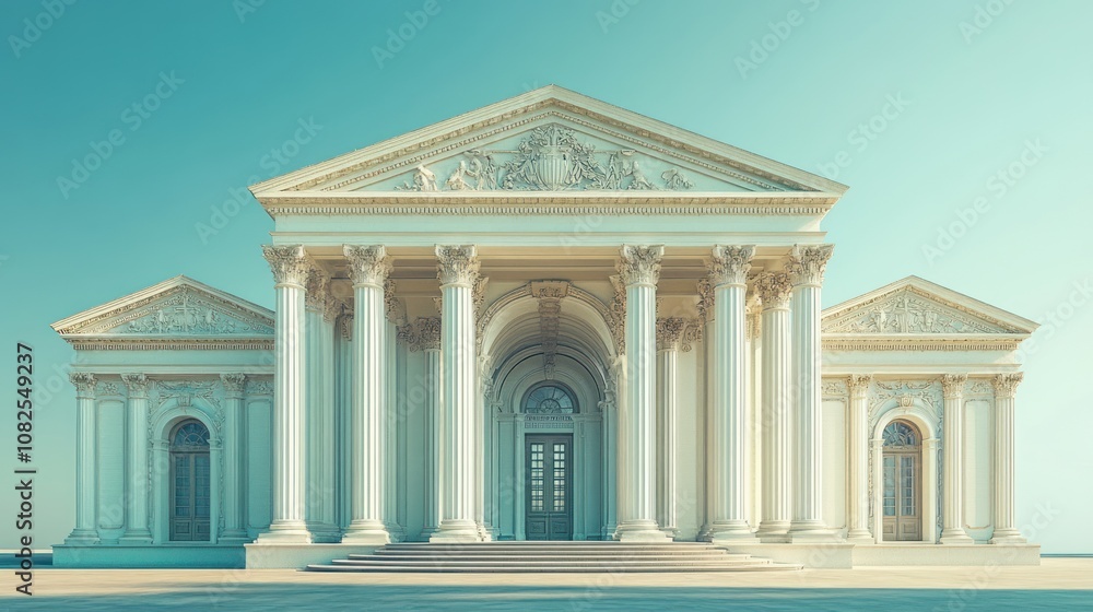 Poster a grand neoclassical building with columns and intricate details.