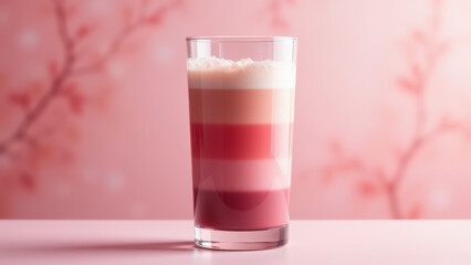 Pink layered matcha drink on a table.