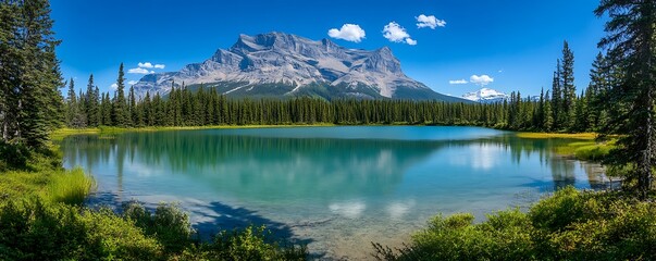 Obraz premium A serene mountain landscape with a clear lake and lush greenery under a blue sky.