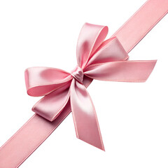 Pink satin ribbon with a decorative bow, ideal for festive designs, isolated on white.