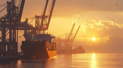 Obraz premium Immense shipping freighter at sunset, being loaded by automated cranes, with serene harbor view and birds flying in sky