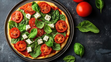 Fresh Homemade Pizza with Tomatoes and Spinach on a Dark Background