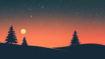 Naklejka premium Moon and stars shining over fir trees on rolling hills at twilight