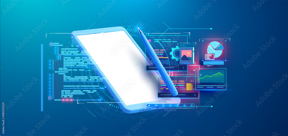 Poster web design tablet. digital tablet with pen and data analysis dashboard, representing modern technolo