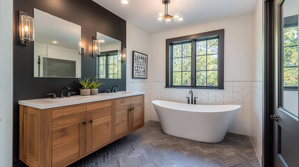 Modern bathroom with herringbone tile flooring, black and white walls, a freestanding bathtub, and wood vanity, featuring natural light and clean design.