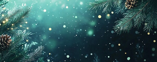 Fototapeta premium Christmas banner with pine branches, cones, lights and falling snow
