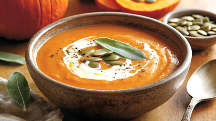 A Deliciously Creamy Pumpkin Soup with Toppings and Rustic Surroundings to Inspire Food Photography