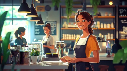 A vibrant café scene with a female owner warmly greeting customers while coordinating her staff Her friendly demeanor and confident style reflect her leadership A lively portrayal of women in 