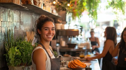 A vibrant café scene with a female owner warmly greeting customers while coordinating her staff Her friendly demeanor and confident style reflect her leadership A lively portrayal of women in 