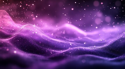 Abstract purple and pink background with glowing particles and bokeh lights.