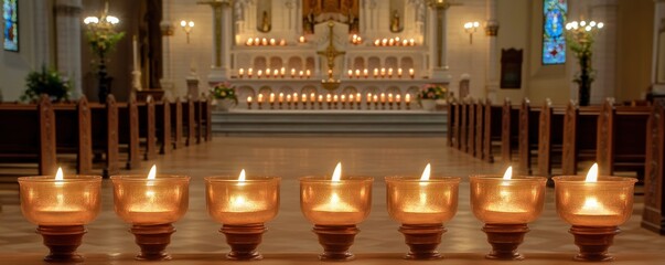 Obraz premium A serene interior of a church with lit candles, creating a peaceful atmosphere.