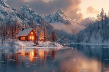 Fototapeta premium A cozy cabin nestled in the mountains, surrounded by snow-covered trees and reflected in an icy lake at dusk. 