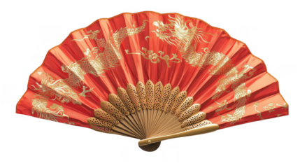Red Silk Fan Adorned with Intricate Gold Dragon Pattern, Chinese New Year Festival, Isolated on White, PNG File, Transparent Background