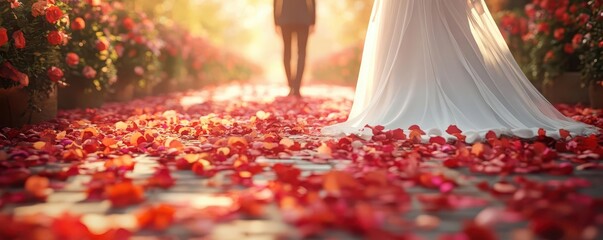 Wedding aisle with flower petals, bride in flowing dress walking toward groom, 3D illustration