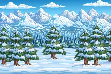 Fototapeta premium A serene winter landscape featuring snow-covered mountains, evergreen trees, and a blanket of snow, creating a peaceful, scenic view.