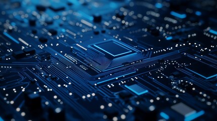 Fototapeta premium Futuristic blue circuit board background: modern technology design featuring quantum computing concepts and large data processing, minimalistic motherboard texture for innovation and tech solutions