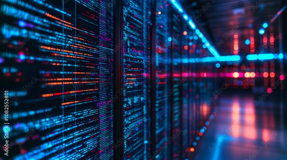 Poster android debugging software analyzing data lines in a high-tech server room at night