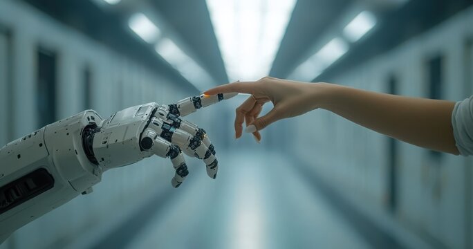 Human and robot hand reaching out to touch each other's fingers