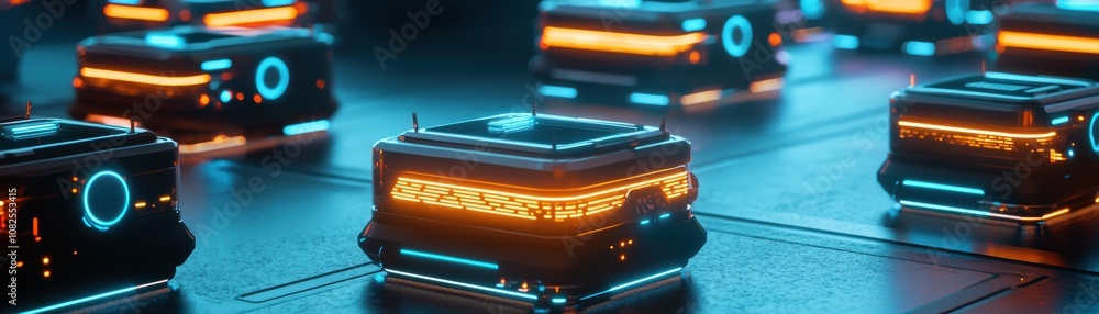 Poster ai-powered delivery robots in action futuristic warehouse digital art high-tech environment close-up