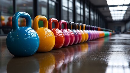 A line of colorful kettlebells is neatly arranged on a polished floor inside a contemporary gym, ready for fitness enthusiasts to use during their training sessions.