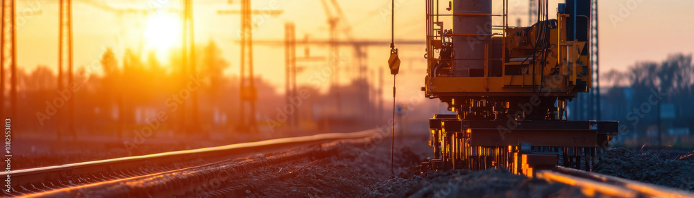 Poster sunset over railway construction site featuring precision controlled piling rig. warm glow enhances 